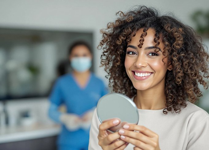 Woman smiling while holding small mirror