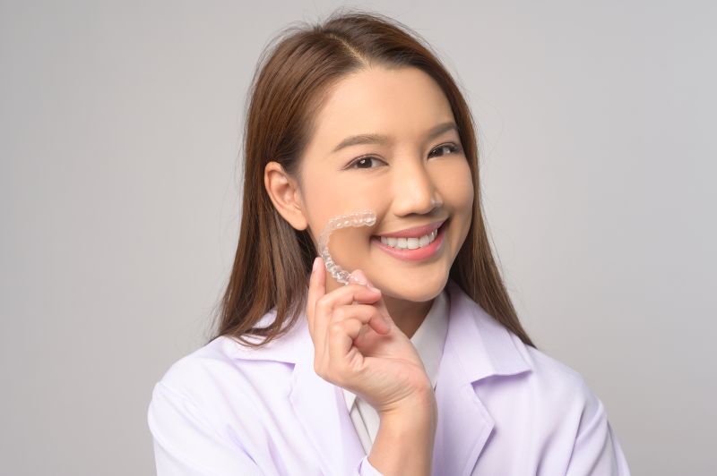 A mouth with a front dental implant